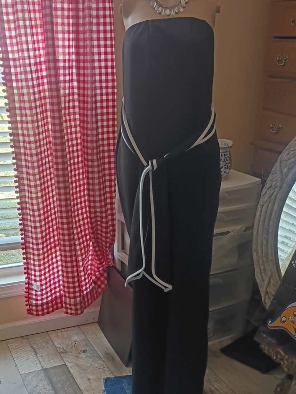 Strapless Black Wide-Leg Jumpsuit with White-Trim Belt